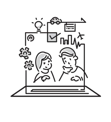 PCの中に映る男性と女性やアイコンのイラスト