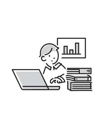 PCで仕事中に図や本を気に掛ける男性のイラスト