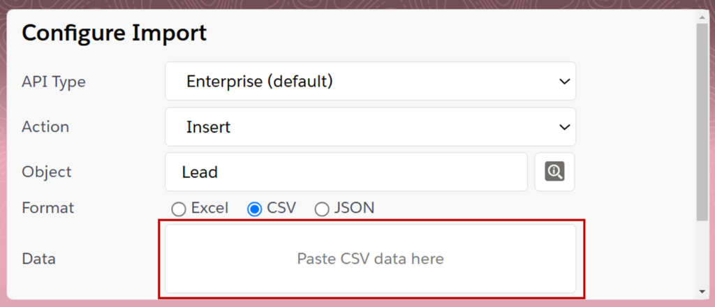 CSVファイルを開き、インポートしたい内容をコピーし赤枠にペースト