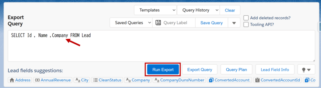 SOQLクエリを入力し(例:SELECT Id , Name ,Company FROM Lead)、「実行」ボタンをクリック