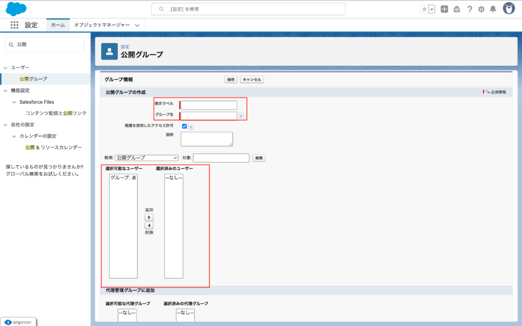 salesforce画面上の表示ラベルとグループ名を選択